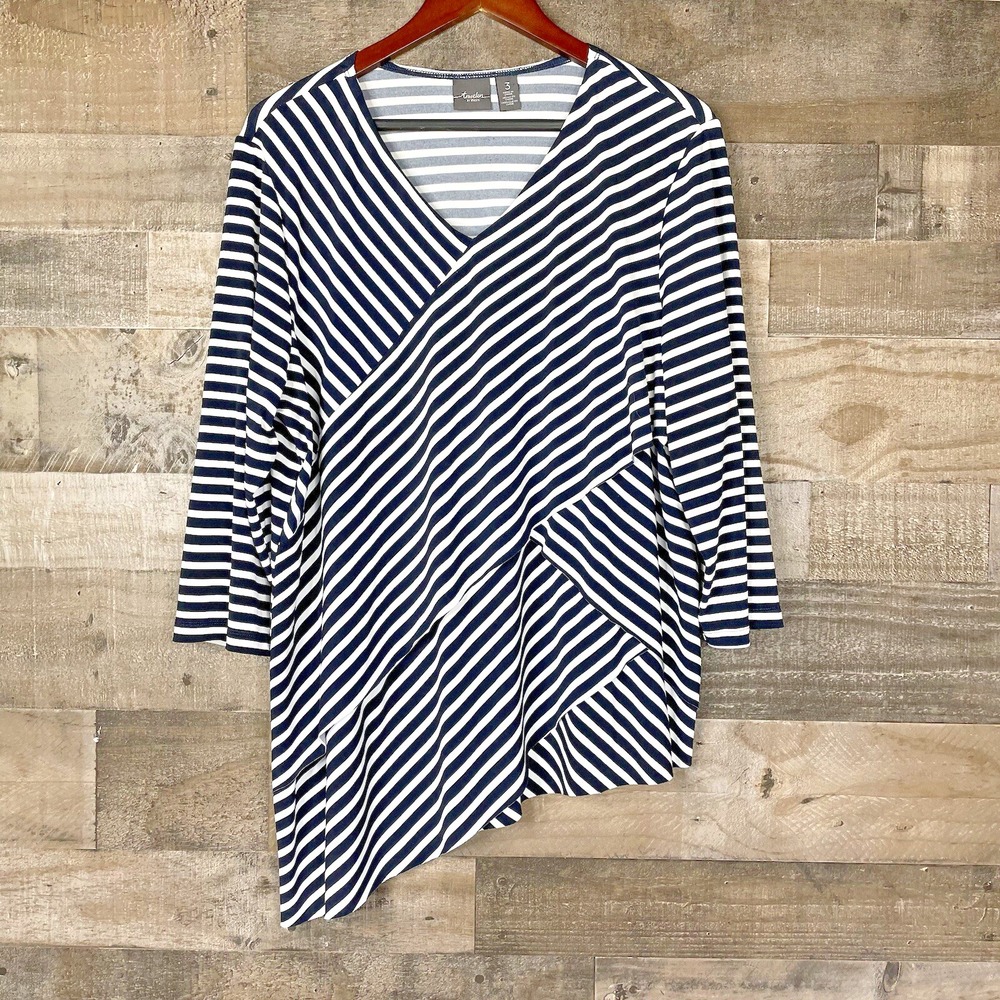 Travelers by Chicos Womens 3 Navy & White Asymmetric Striped 3/4 Sleeve Top XL